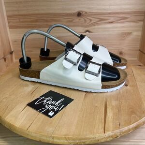 New Rulzu White Two Strap Buckle Slip On Open Toe Women's Shoes Size 8.5